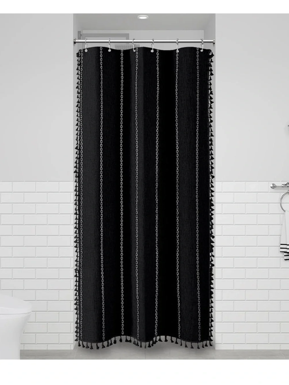 Black Striped Tassel Shower Curtain 37”x72” - Modern Boho - Picture 6 of 9